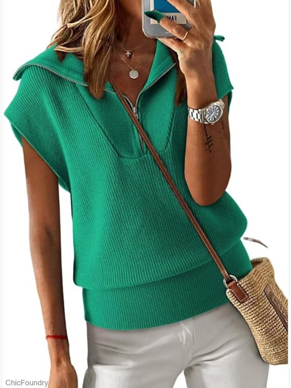 Sleeveless V-Neck Pullover Sweater, Ribbed Knit, Quarter Zip, Loose Fit